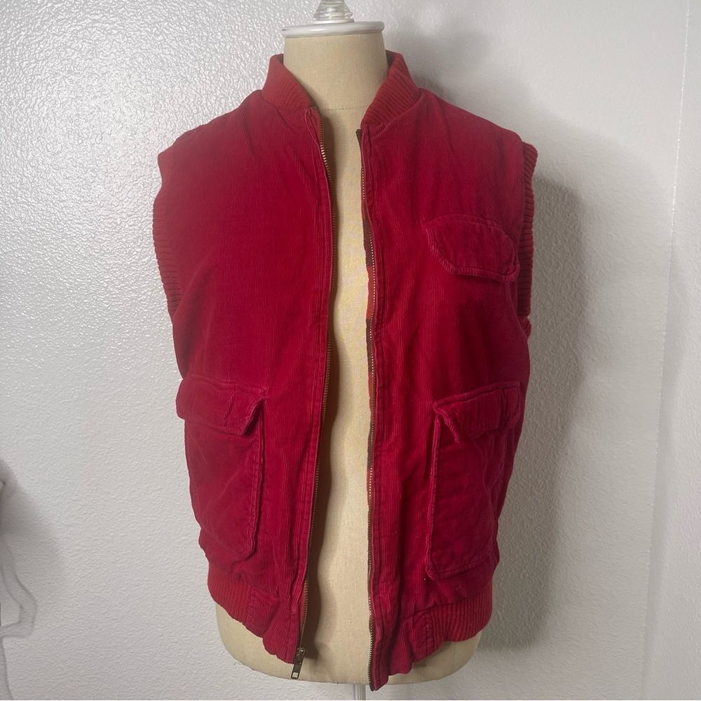 Vintage Red Corduroy Red Vest Medium Unisex Utility Warm flannel lining
